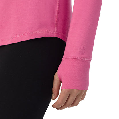 Fiji Pink: Model is wearing a size S. She is 5’9”, Bust 34”, Waist 25”, Hips 36”@A lady wearing Fiji Pink Cottonwear Long Sleeve Turtleneck