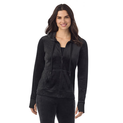  A Lady wearing Black Stretch Velour Full Zip Hoodie