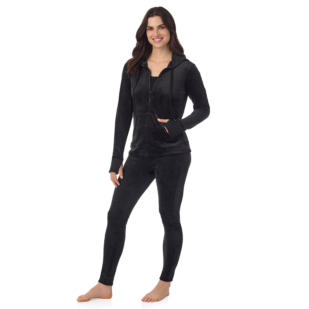  A Lady wearing Black Stretch Velour Full Zip Hoodie