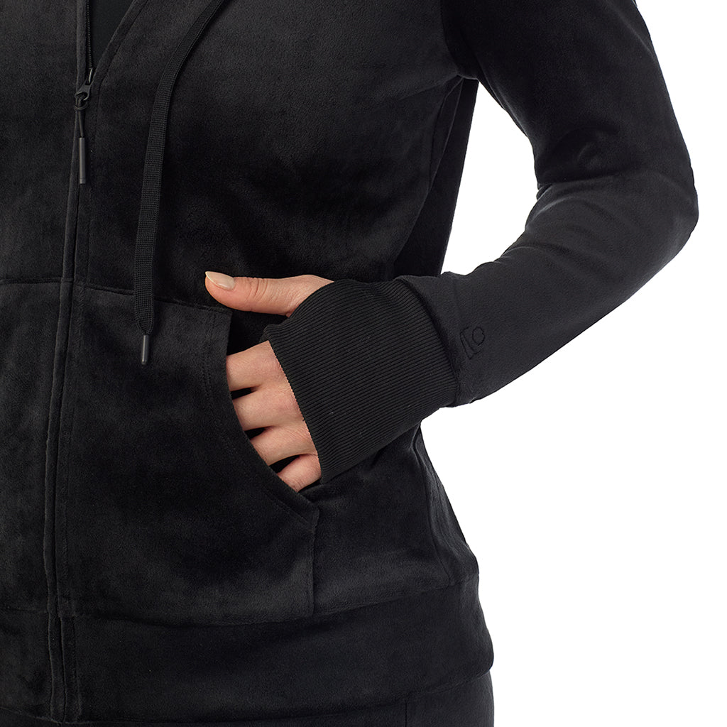 Black; Model is wearing a size S. She is 5’9”, Bust 34”, Waist 25”, Hips 36”@ A Lady wearing Black Stretch Velour Full Zip Hoodie