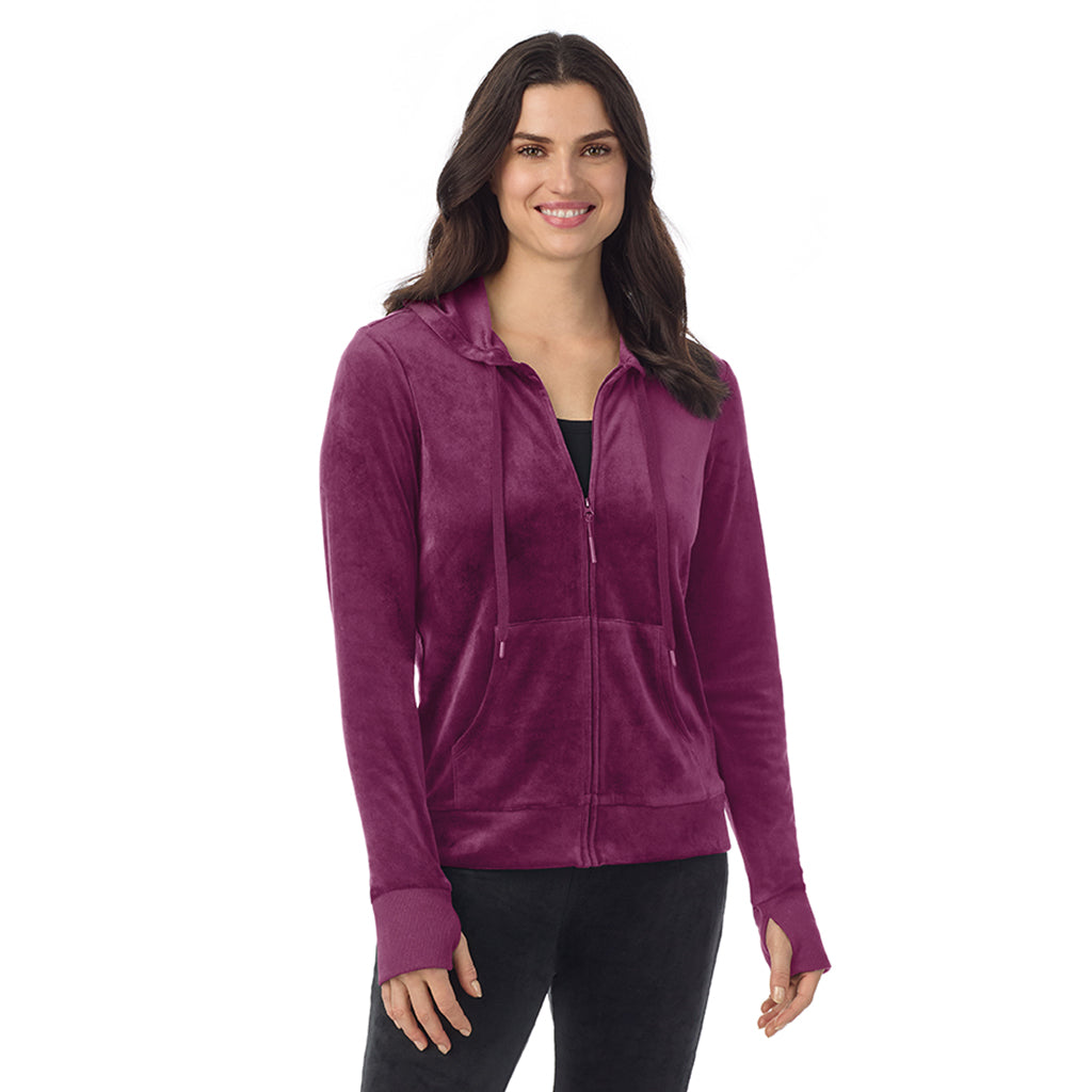 Purple Beet; Model is wearing a size S. She is 5’9”, Bust 34”, Waist 25”, Hips 36”@ A Lady wearing Purple Beet Stretch Velour Full Zip Hoodie