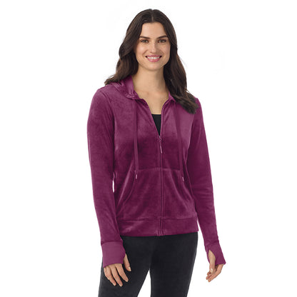 Purple Beet; Model is wearing a size S. She is 5’9”, Bust 34”, Waist 25”, Hips 36”@ A Lady wearing Purple Beet Stretch Velour Full Zip Hoodie