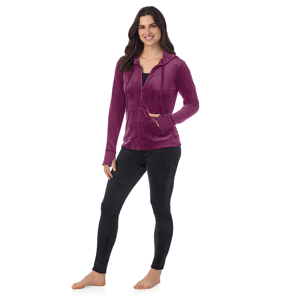 Purple Beet; Model is wearing a size S. She is 5’9”, Bust 34”, Waist 25”, Hips 36”@ A Lady wearing Purple Beet Stretch Velour Full Zip Hoodie