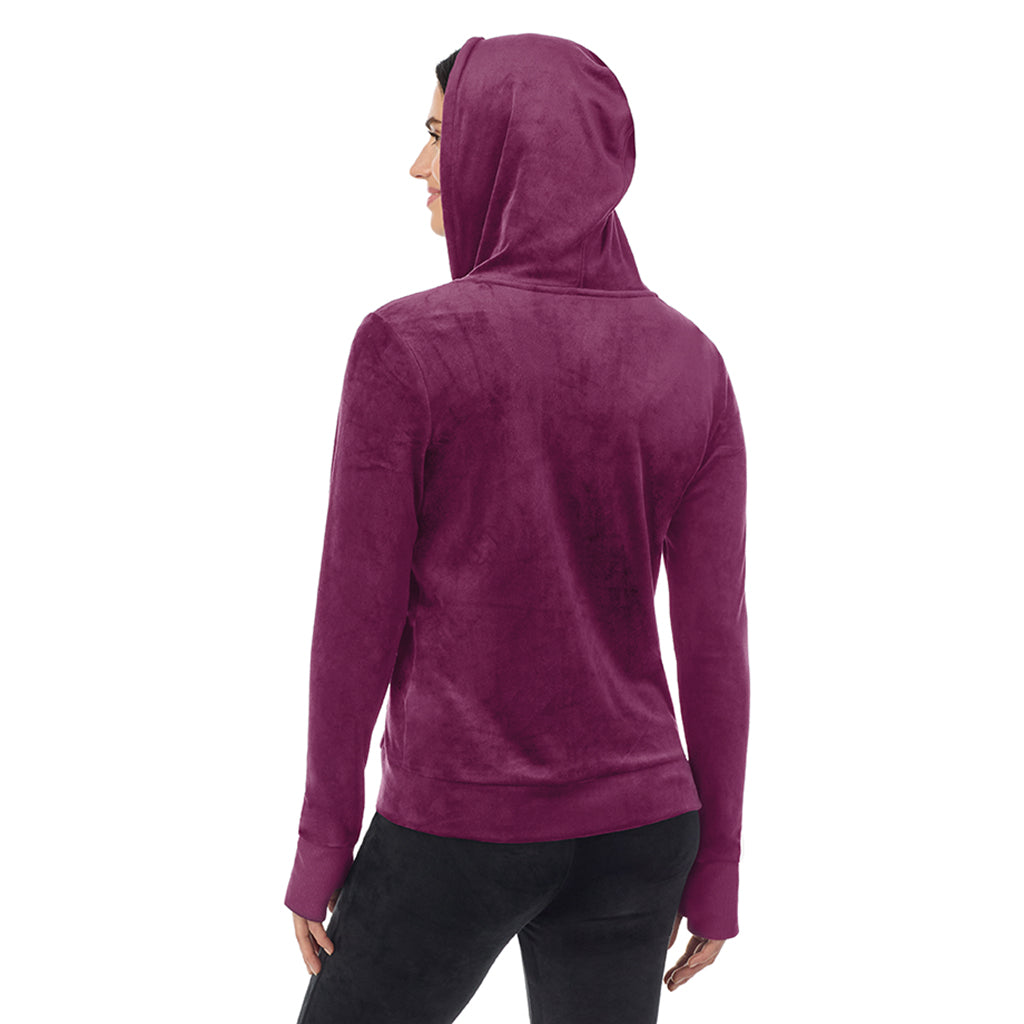 Purple Beet; Model is wearing a size S. She is 5’9”, Bust 34”, Waist 25”, Hips 36”@ A Lady wearing Purple Beet Stretch Velour Full Zip Hoodie