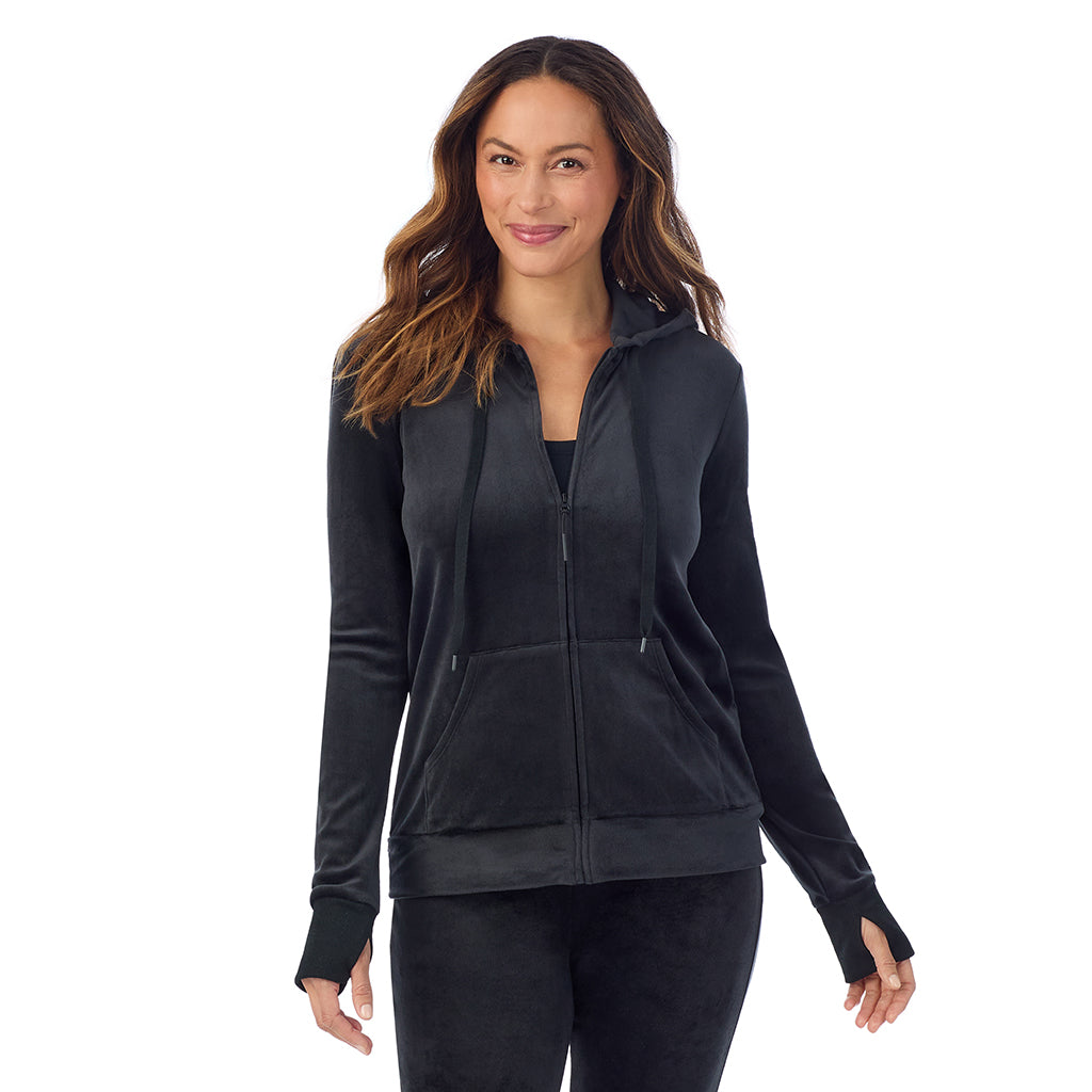 Black; Model is wearing size S. She is 5'8", Bust 34", Waist 24.5", Hips 35".
@A lady wearing Stretch Velour Full Zip Hoodie