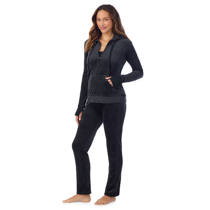 Black; Model is wearing size S. She is 5'8", Bust 34", Waist 24.5", Hips 35".
@A lady wearing Stretch Velour Full Zip Hoodie