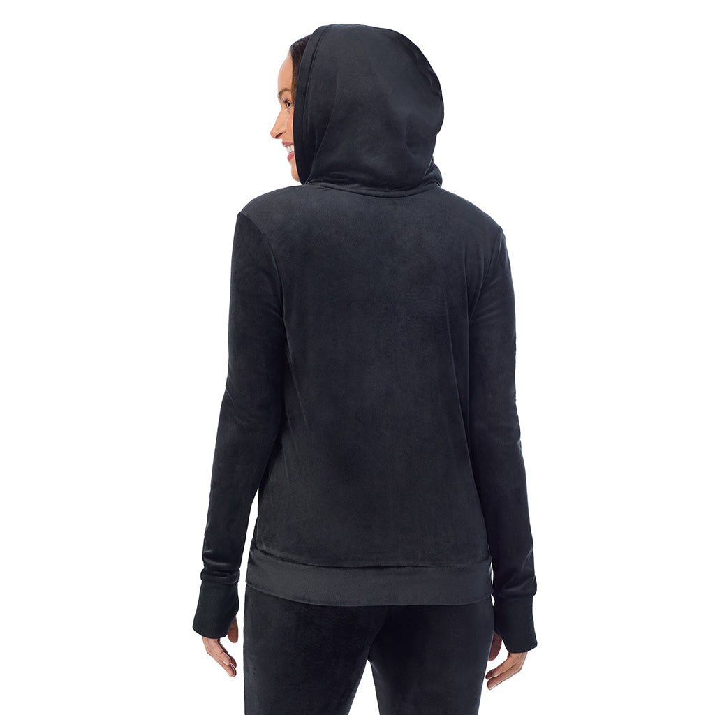 Black; Model is wearing size S. She is 5'8", Bust 34", Waist 24.5", Hips 35".
@A lady wearing Stretch Velour Full Zip Hoodie