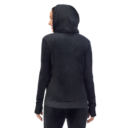 Black; Model is wearing size S. She is 5'8", Bust 34", Waist 24.5", Hips 35".
@A lady wearing Stretch Velour Full Zip Hoodie