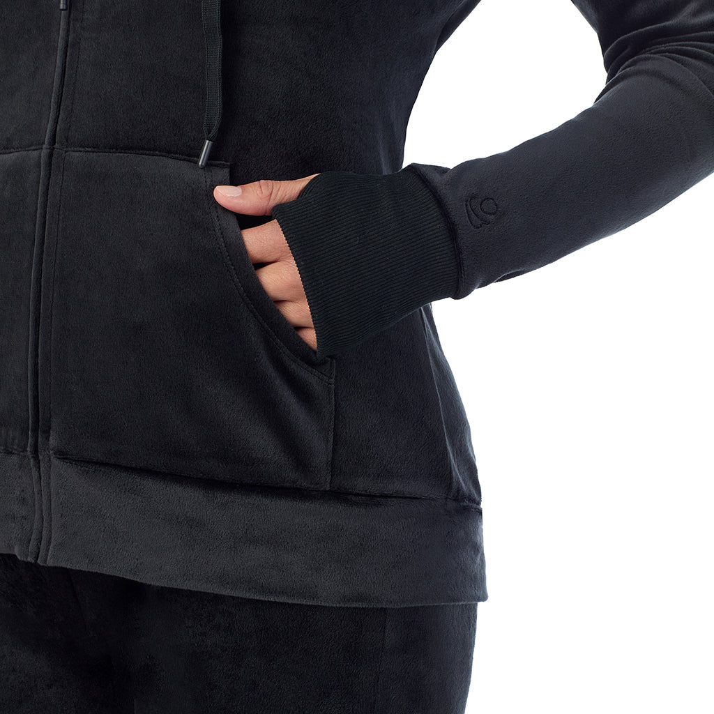 A lady wearing Stretch Velour Full Zip Hoodie
