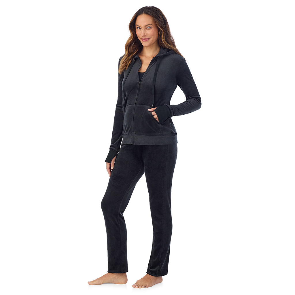Black; Model is wearing size S. She is 5'8", Bust 34", Waist 24.5", Hips 35".
@A lady wearing Stretch Velour Full Zip Hoodie