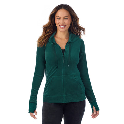 Dark Pine; Model is wearing size S. She is 5'8", Bust 34", Waist 24.5", Hips 35".
@A lady wearing Stretch Velour Full Zip Hoodie
