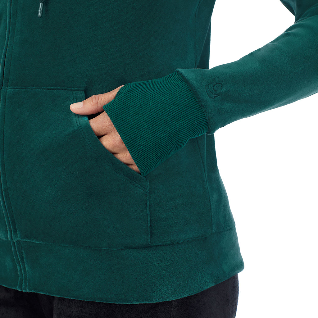 A lady wearing Stretch Velour Full Zip Hoodie