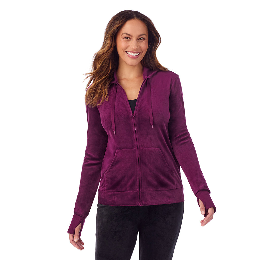 A lady wearing Stretch Velour Full Zip Hoodie
