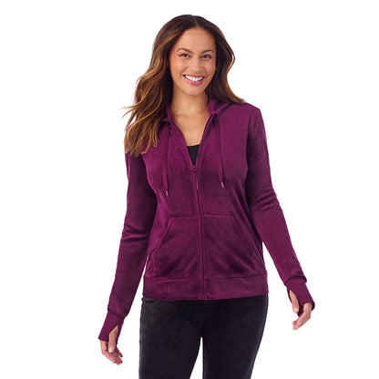 Dark Purple; Model is wearing size S. She is 5'8", Bust 34", Waist 24.5", Hips 35".
@A lady wearing Stretch Velour Full Zip Hoodie