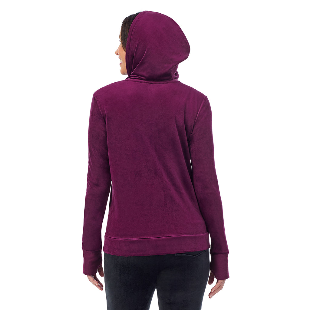Dark Purple; Model is wearing size S. She is 5'8", Bust 34", Waist 24.5", Hips 35".
@A lady wearing Stretch Velour Full Zip Hoodie
