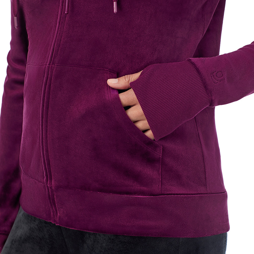 A lady wearing Stretch Velour Full Zip Hoodie