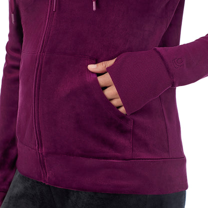 Dark Purple; Model is wearing size S. She is 5'8", Bust 34", Waist 24.5", Hips 35".
@A lady wearing Stretch Velour Full Zip Hoodie