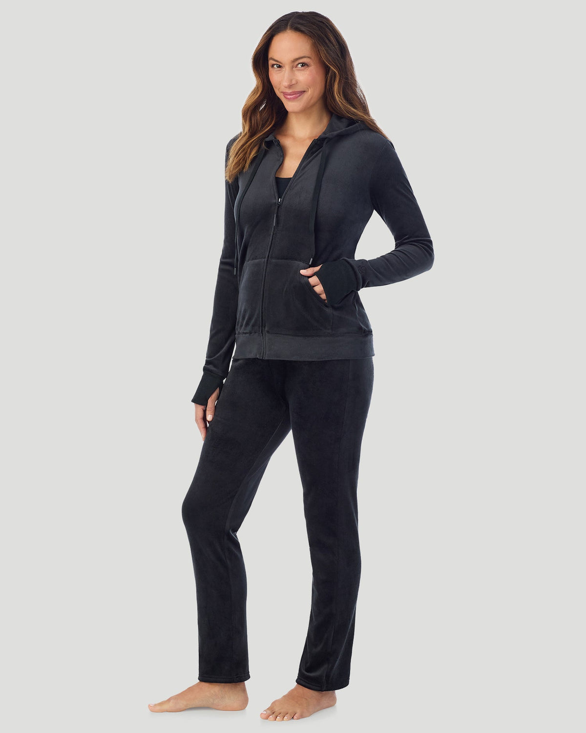 Black;@A lady wearing Stretch Velour Full Zip Hoodie in Black