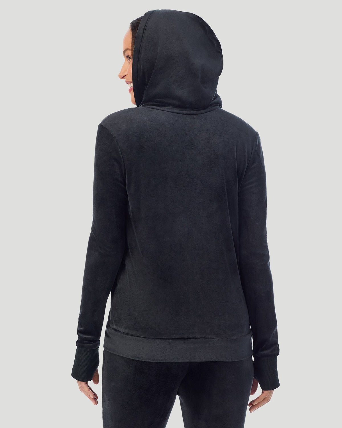 Black;@A lady wearing Stretch Velour Full Zip Hoodie in Black