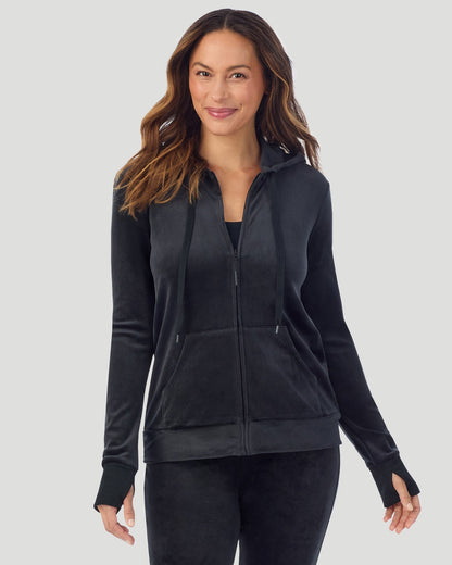 A lady wearing Stretch Velour Full Zip Hoodie in Black