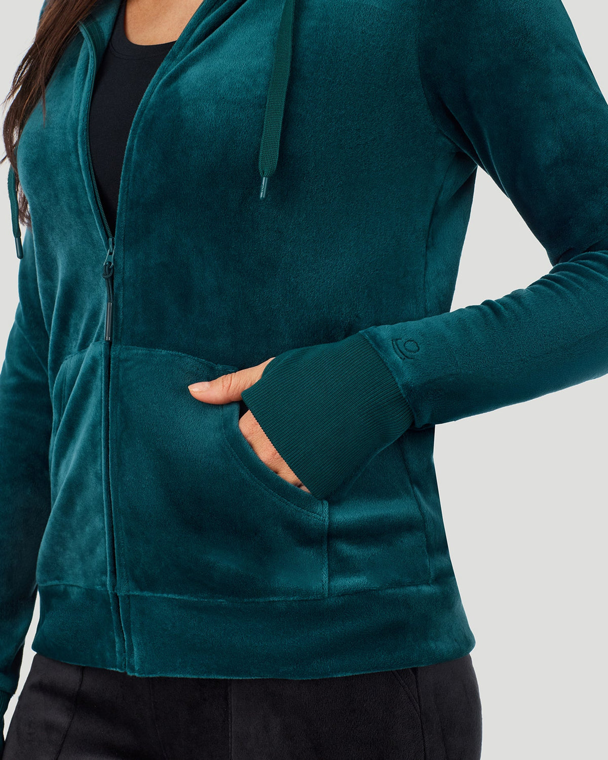 Deep Emerald;@A lady wearing Stretch Velour Full Zip Hoodie in Deep Emerald