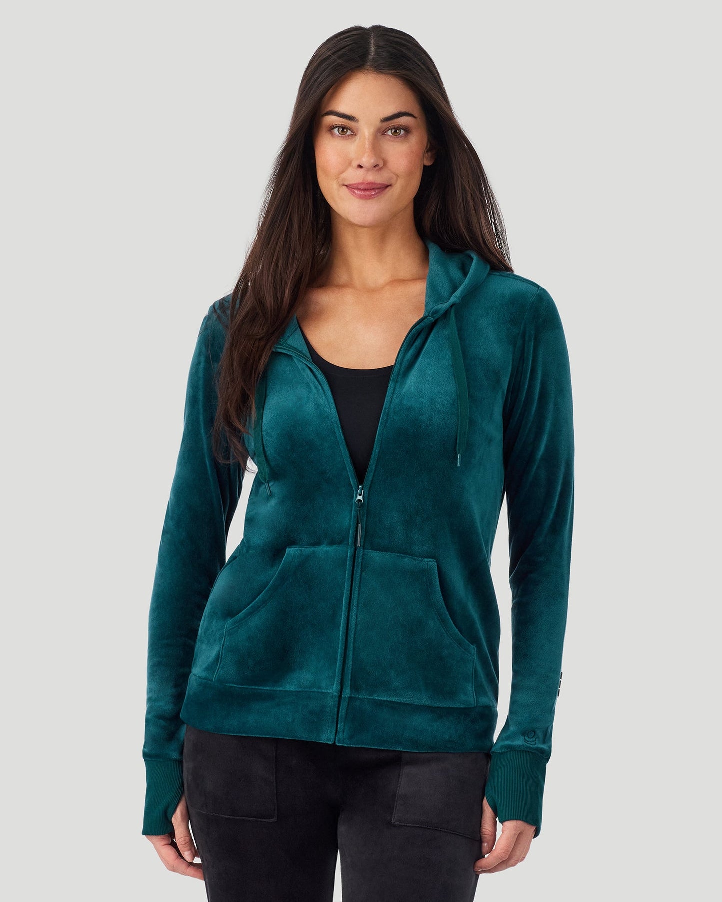 Deep Emerald;@A lady wearing Stretch Velour Full Zip Hoodie in Deep Emerald