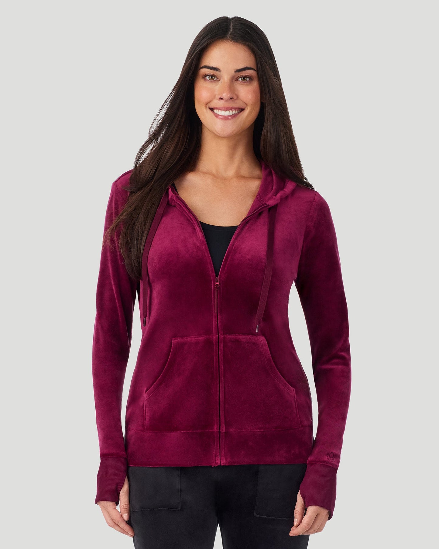 Bordeaux;@A lady wearing Stretch Velour Full Zip Hoodie in Bordeaux