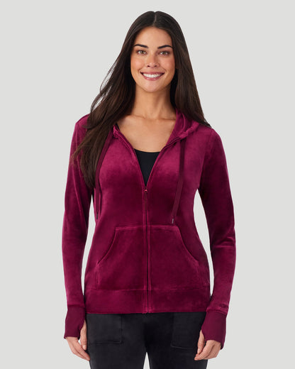 A lady wearing Stretch Velour Full Zip Hoodie in Bordeaux