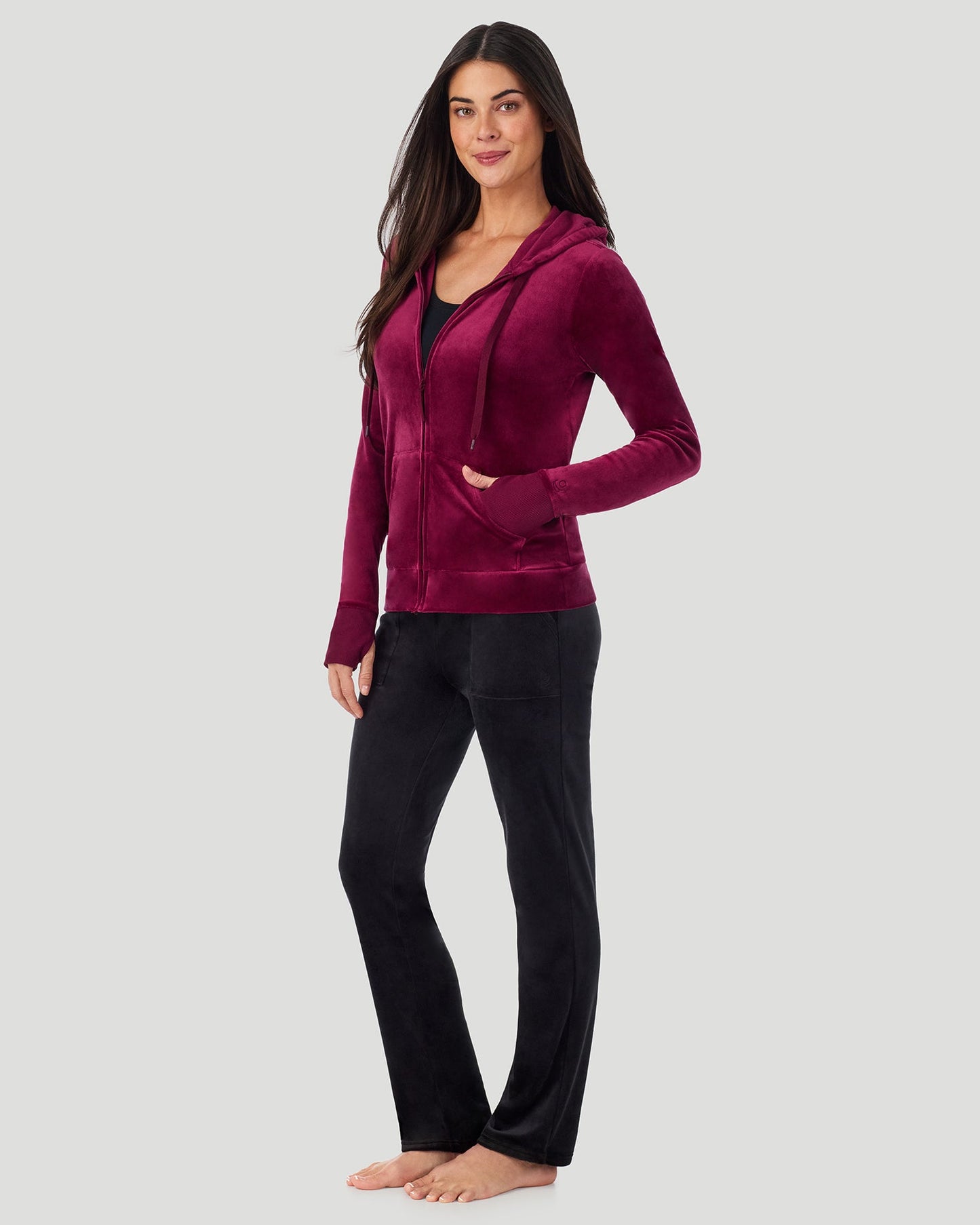 Bordeaux;@A lady wearing Stretch Velour Full Zip Hoodie in Bordeaux