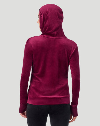 A lady wearing Stretch Velour Full Zip Hoodie in Bordeaux