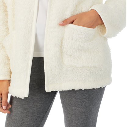 Ivory; Model is wearing size S. She is 5’9”, Bust 32”, Waist 24”, Hips 34.5”.@A lady wearing ivory sherpa cardi