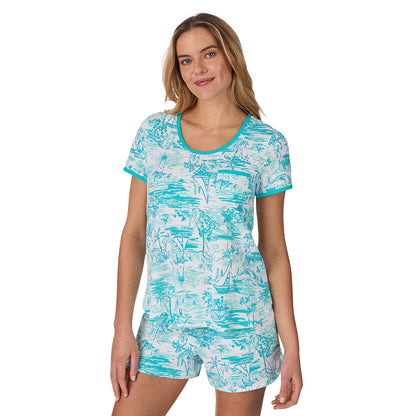 Summer Scene;Model is wearing size S. She is 5’10”, Bust 34”, Waist 26", Hips 38”.@ A lady wearing sleeve top with short pajama set with Summer Scene print