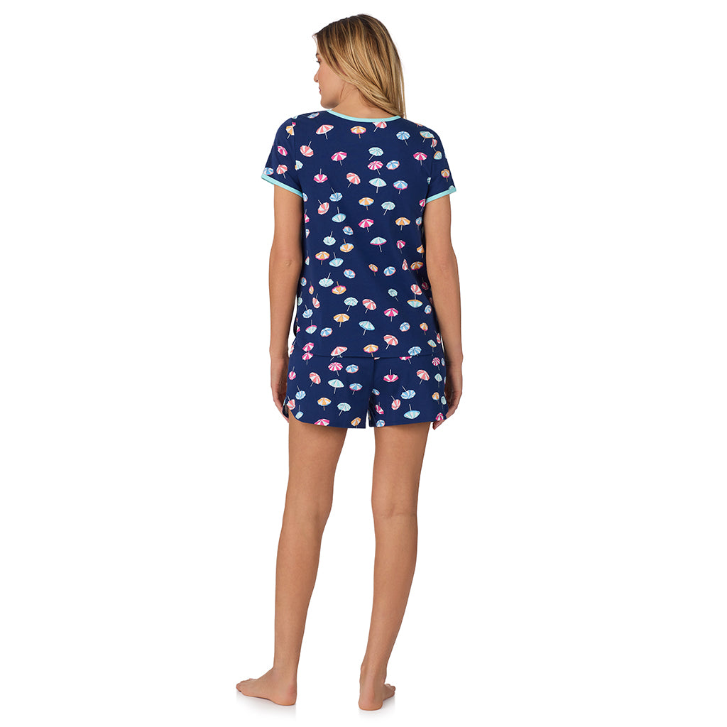 Umbrella;Model is wearing size S. She is 5’10”, Bust 34”, Waist 26", Hips 38”.@ A lady wearing blue short sleeve top with short pajama set with umbrella print