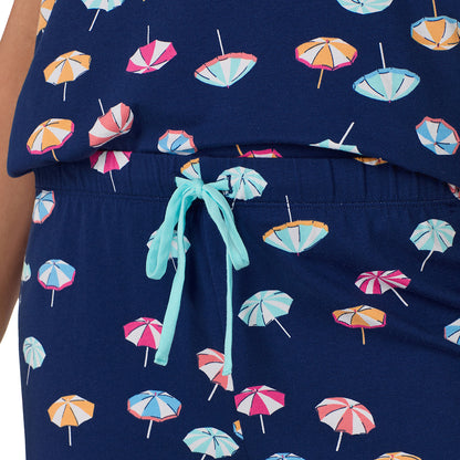 Umbrella;Model is wearing size S. She is 5’10”, Bust 34”, Waist 26", Hips 38”.@ A lady wearing blue short sleeve top with short pajama set with umbrella print