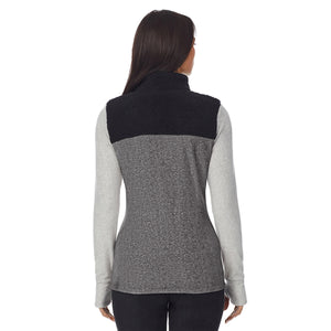 upper body of a lady wearing Charcoal Heather long sleeve mixed media mock !59% Polyester, 35% Recycled Polyester, 6% Spandex!