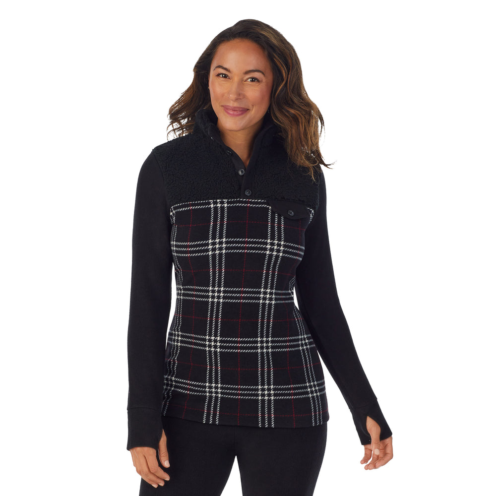 upper body of a lady wearing Black Plaid long sleeve mixed media mock !59% Polyester, 35% Recycled Polyester, 6% Spandex!