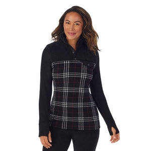 upper body of a lady wearing Black Plaid long sleeve mixed media mock !59% Polyester, 35% Recycled Polyester, 6% Spandex!