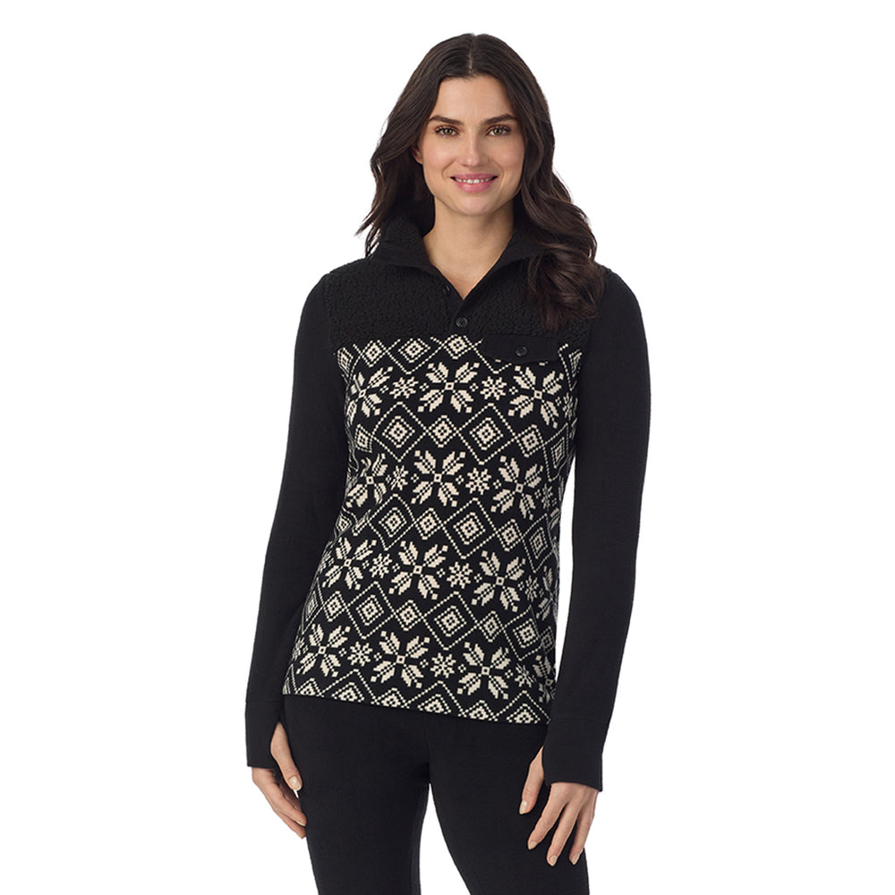 A Lady is wearing a Black White Snowflake Fleecewear With Stretch Long Sleeve Mock Neck Henley With Sherpa !94% Recycled Polyester, 6% Spandex!
