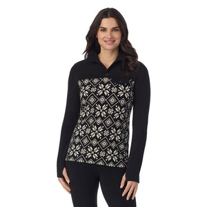  A Lady is wearing a Black White Snowflake Fleecewear With Stretch Long Sleeve Mock Neck Henley With Sherpa !94% Recycled Polyester, 6% Spandex!