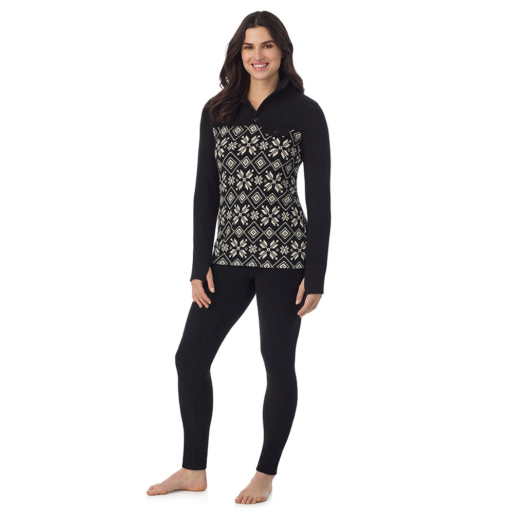 A Lady is wearing a Black White Snowflake Fleecewear With Stretch Long Sleeve Mock Neck Henley With Sherpa !94% Recycled Polyester, 6% Spandex!