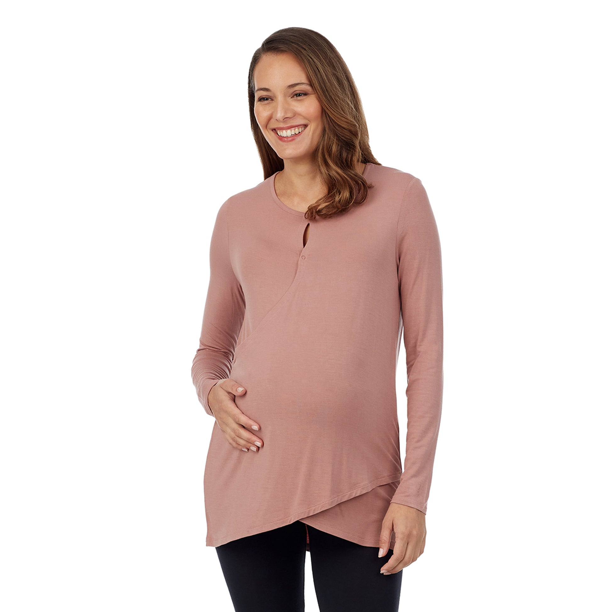 Mink Taupe;Model is wearing a size S. She is 5’10”, Bust 34”, Waist 26”, Hips 36”.@A lady wearing a bright coral long sleeve maternity wrap front top. #Model is wearing a maternity bump.
