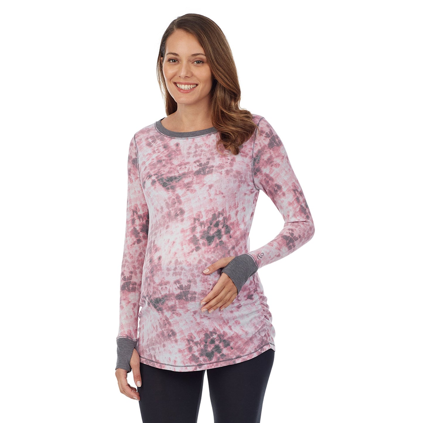 Pink Tie Dye;Model is wearing a size S. She is 5’10”, Bust 34”, Waist 34”, Hips 40”. #Model is wearing a maternity bump.@ A lady wearingStretch Thermal Maternity Long Sleeve Ballet Neck Top with Pink Tie Dye print