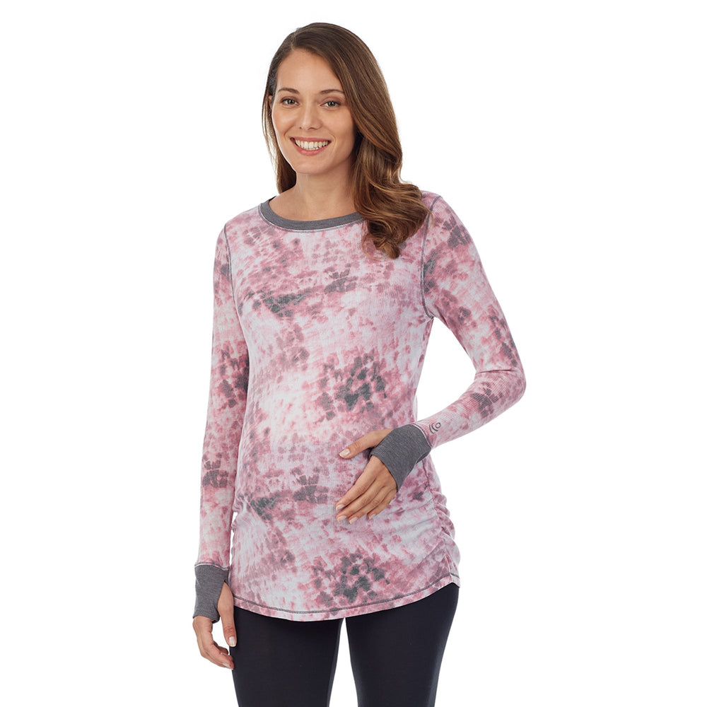 A lady wearingStretch Thermal Maternity Long Sleeve Ballet Neck Top with Pink Tie Dye print