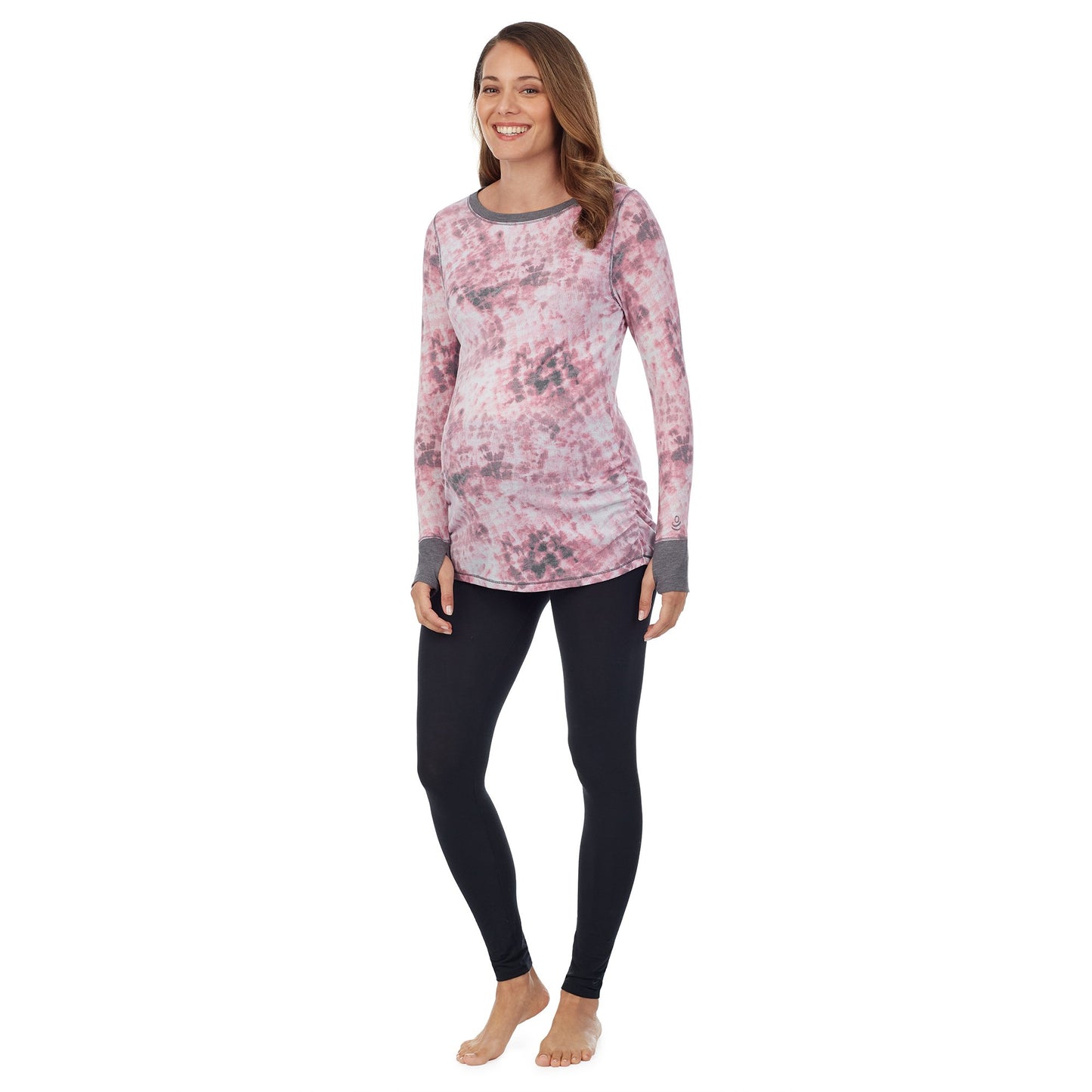 Pink Tie Dye;Model is wearing a size S. She is 5’10”, Bust 34”, Waist 34”, Hips 40”. #Model is wearing a maternity bump.@ A lady wearingStretch Thermal Maternity Long Sleeve Ballet Neck Top with Pink Tie Dye print