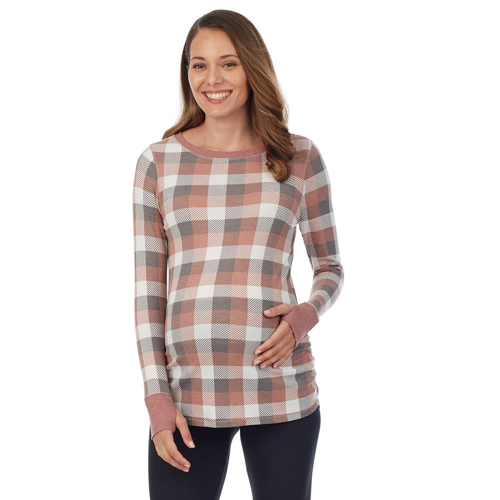 A lady wearingStretch Thermal Maternity Long Sleeve Ballet Neck Top with Taupe Grey Buffalo Check print