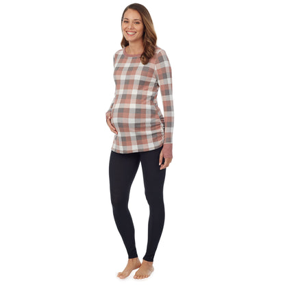 Taupe Grey Buffalo Check;Model is wearing a size S. She is 5’10”, Bust 34”, Waist 34”, Hips 40”.# Model is wearing a maternity bump.@ A lady wearingStretch Thermal Maternity Long Sleeve Ballet Neck Top with Taupe Grey Buffalo Check print