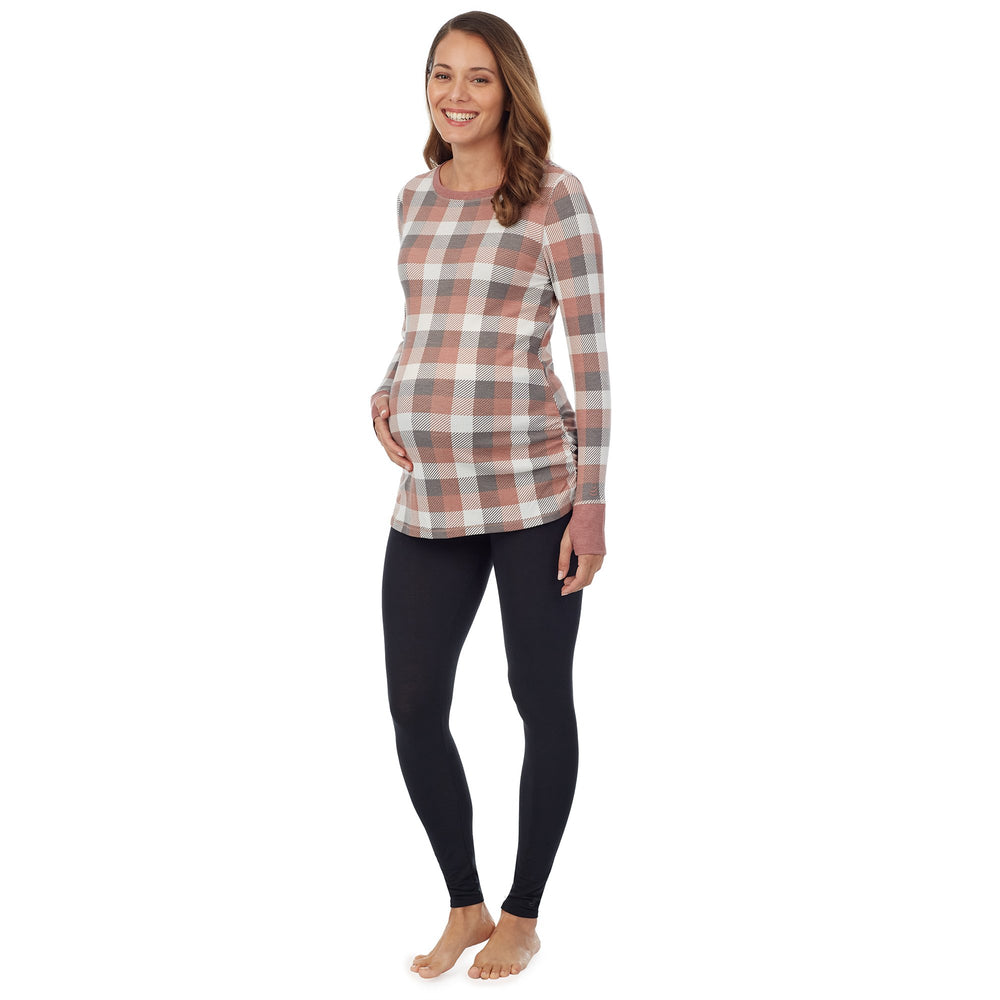 A lady wearingStretch Thermal Maternity Long Sleeve Ballet Neck Top with Taupe Grey Buffalo Check print