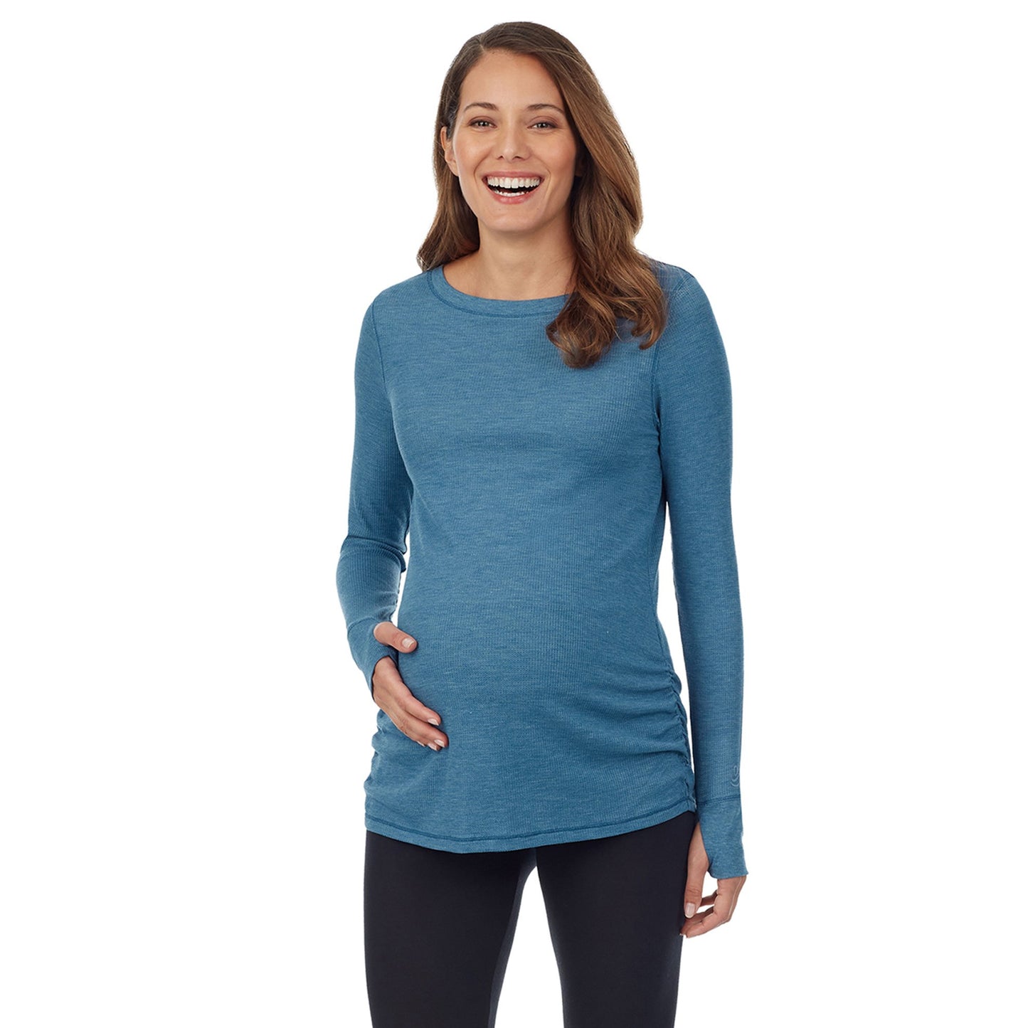 Vintage Blue Heather;Model is wearing a size S. She is 5’10”, Bust 34”, Waist 34”, Hips 40”.# Model is wearing a maternity bump.@ A lady wearingStretch Thermal Maternity Long Sleeve Ballet Neck Top with Vintage Blue Heather print