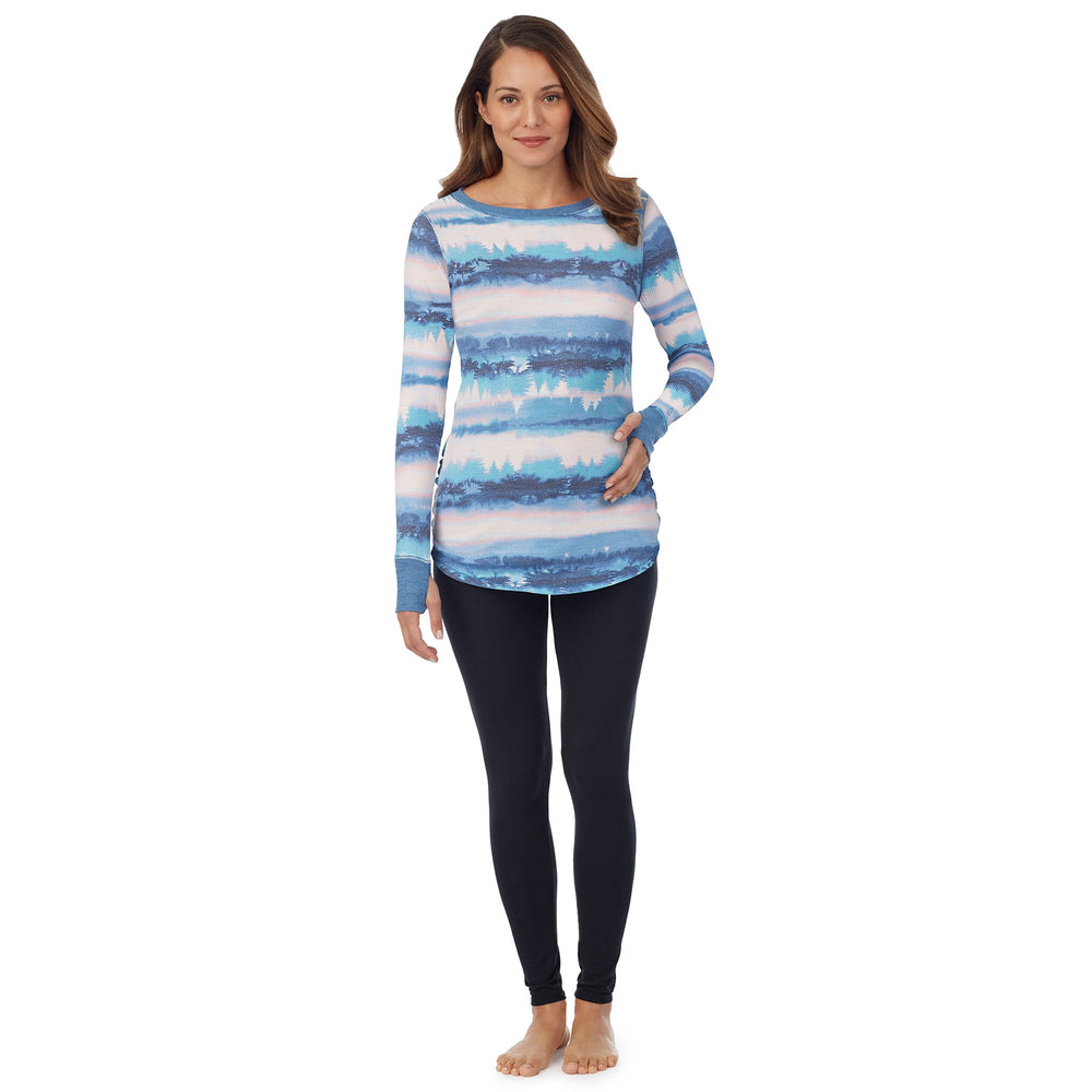 A lady wearingStretch Thermal Maternity Long Sleeve Ballet Neck Top with Woodland Lights print