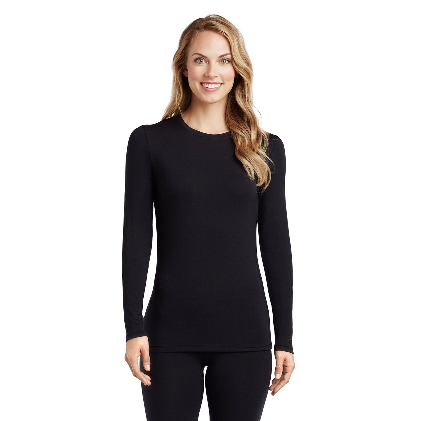 Black; Model is wearing size S. She is 5’9”, Bust 32”, Waist 25.5”, Hips 36”. @A lady wearing a black long sleeve stretch crew. !Shell: 76% Rayon, 21% Polyester, 3% Elastane ^Faux Fur Lining: 100% !